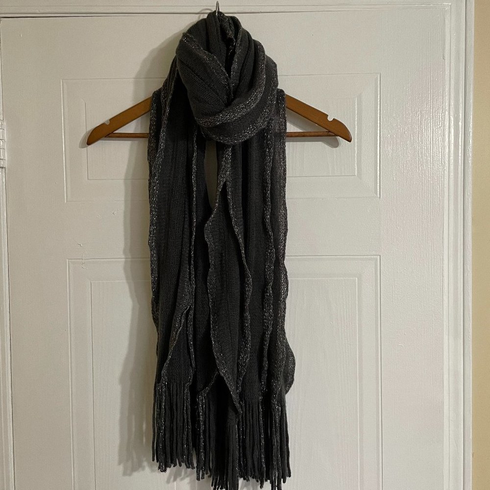 Rikka Shimmer Black Gray Silver Ruffled Scarf